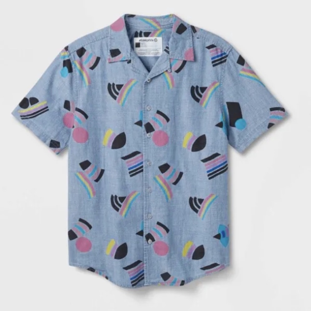 NEW Take Pride Button Up Chambray Shirt Blue Short Sleeves LGBTQ GAY Flag Collar